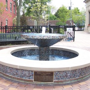 photo of mosaic tile fountain in the library park plaza