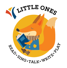 Logo for YDL Little Ones services, features a fox reading a book and the words read - sing - tale - write - play