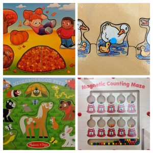 a collage of 4 different wooden puzzles for children