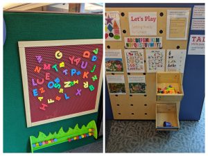 magnetic letters on a board and posters and toys