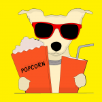 dog holding popcorn & drink