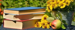 Stack of three books on a table outside next to a pot of yellow flowers and an apple