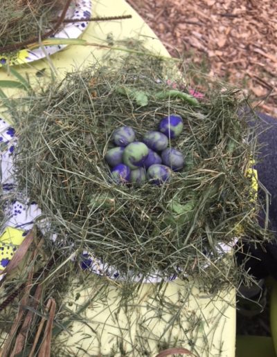 a large, grassy bird nest with small playdoh eggs in the middle.