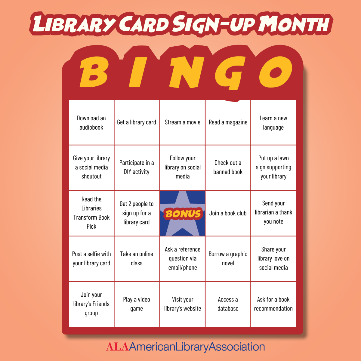 Library card sign-up month bingo card