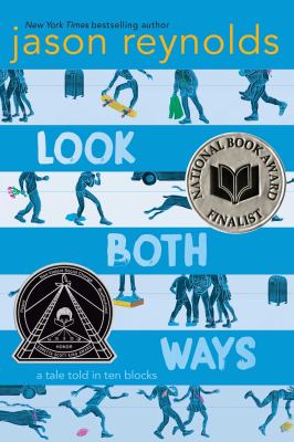 Look Both Ways. The book has stripes, which alternate between the book's title and drawings of the lower half of people walking on the street.