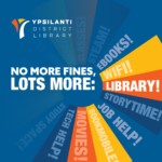 Fine free banner: text stating "No more fines, lots more: Wifi, library, storytime, ebooks,"