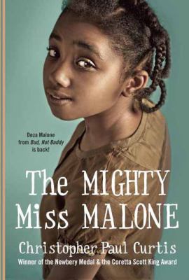 The Mighty Miss Malone by Christopher Paul Curtis. It features the main character, Deza, standing sideways and turning her head to look towards the reader. She has a neutral, if not slightly happy, expression on her face.