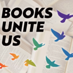 Books unite us logo ( a background of open books with "Books unite us" text and rainbow birds flying