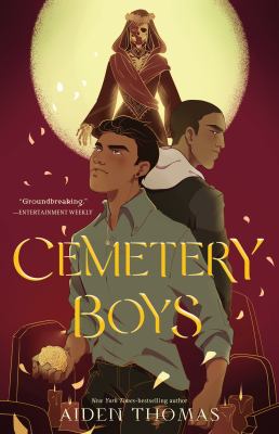 Cemetery Boys by Aiden Thomas. Two characters stand back-to-back, as though engaged in an argument. A third skeleton figure, stands in front of a sun, having seemingly risen from the dead.