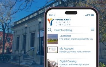 Screenshot of the mobile app overlaid over a photo of the Michigan Branch exterior