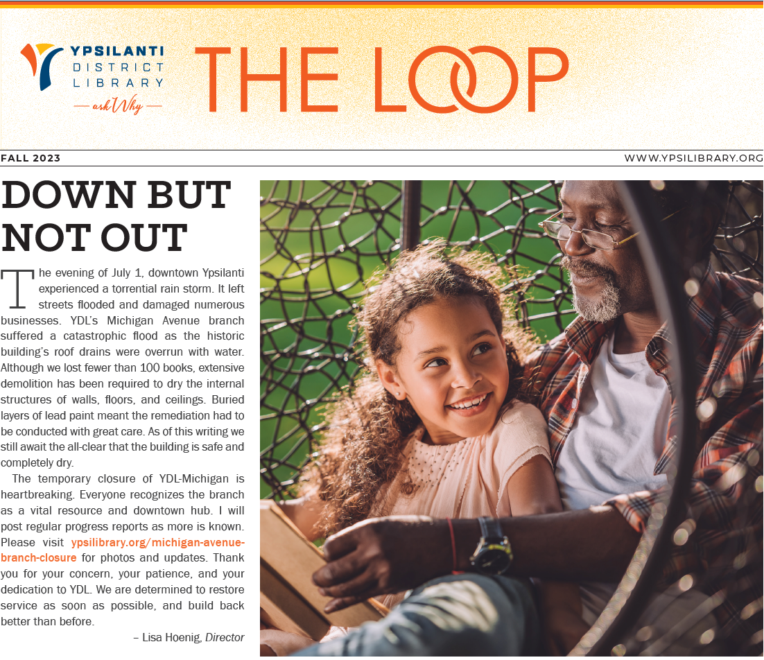 Front page of the Loop. Young girl reading outside and smiling at camera, alongside article titled, "New Faces at YDL."