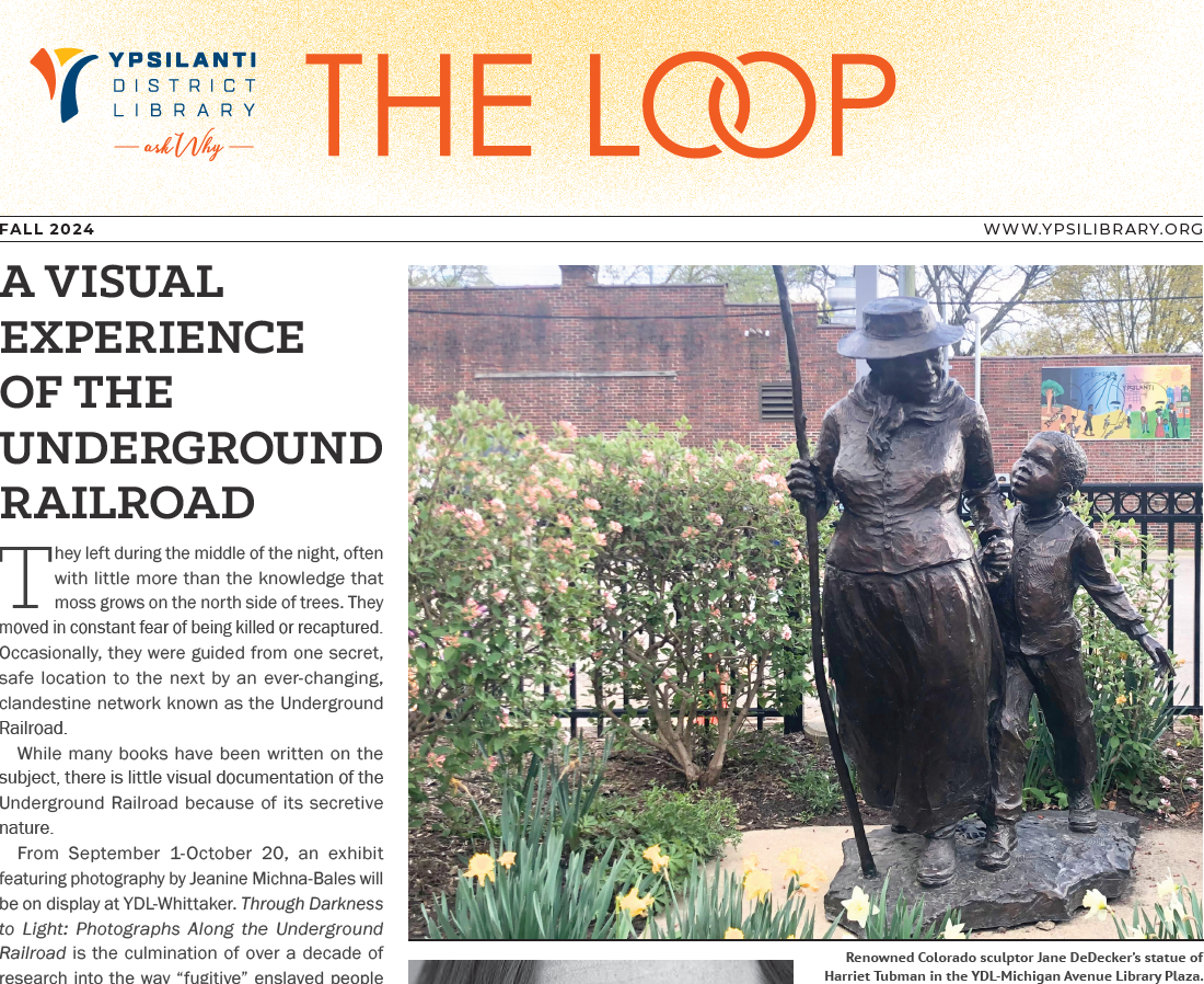 Front page of the Loop. Young girl reading outside and smiling at camera, alongside article titled, "New Faces at YDL."