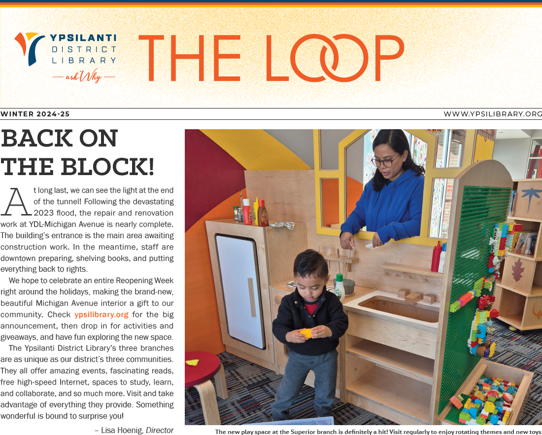 Front page of the Loop. Young girl reading outside and smiling at camera, alongside article titled, "New Faces at YDL."