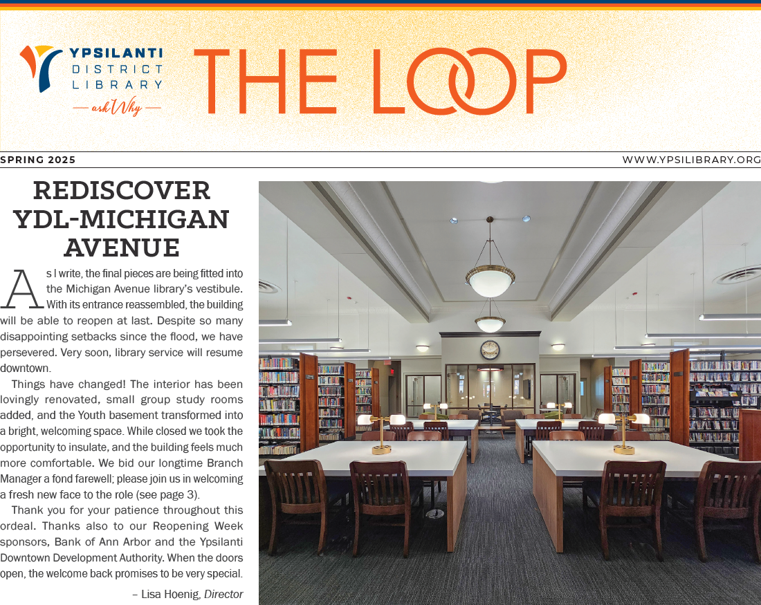 Front page of the Loop. Young girl reading outside and smiling at camera, alongside article titled, "New Faces at YDL."