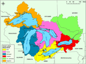 Colorful map of great lakes watersheds with the great lakes and surrounding states visible, marked with different colors.