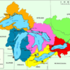 Colorful map of great lakes watersheds with the great lakes and surrounding states visible, marked with different colors.